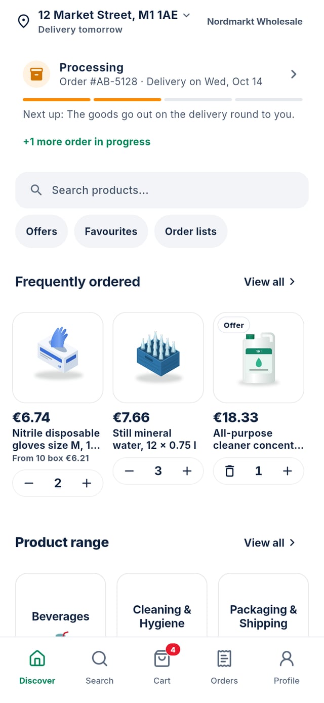 The ordering app for the sample wholesaler Nordmarkt: catalogue with realistic product images and customer prices
