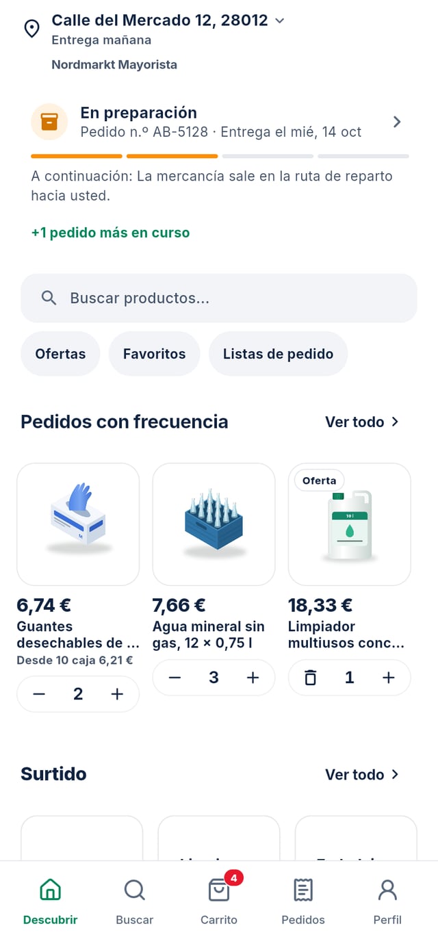La app de pedidos del mayorista de ejemplo Nordmarkt: catálogo con imágenes de producto realistas y precios del cliente