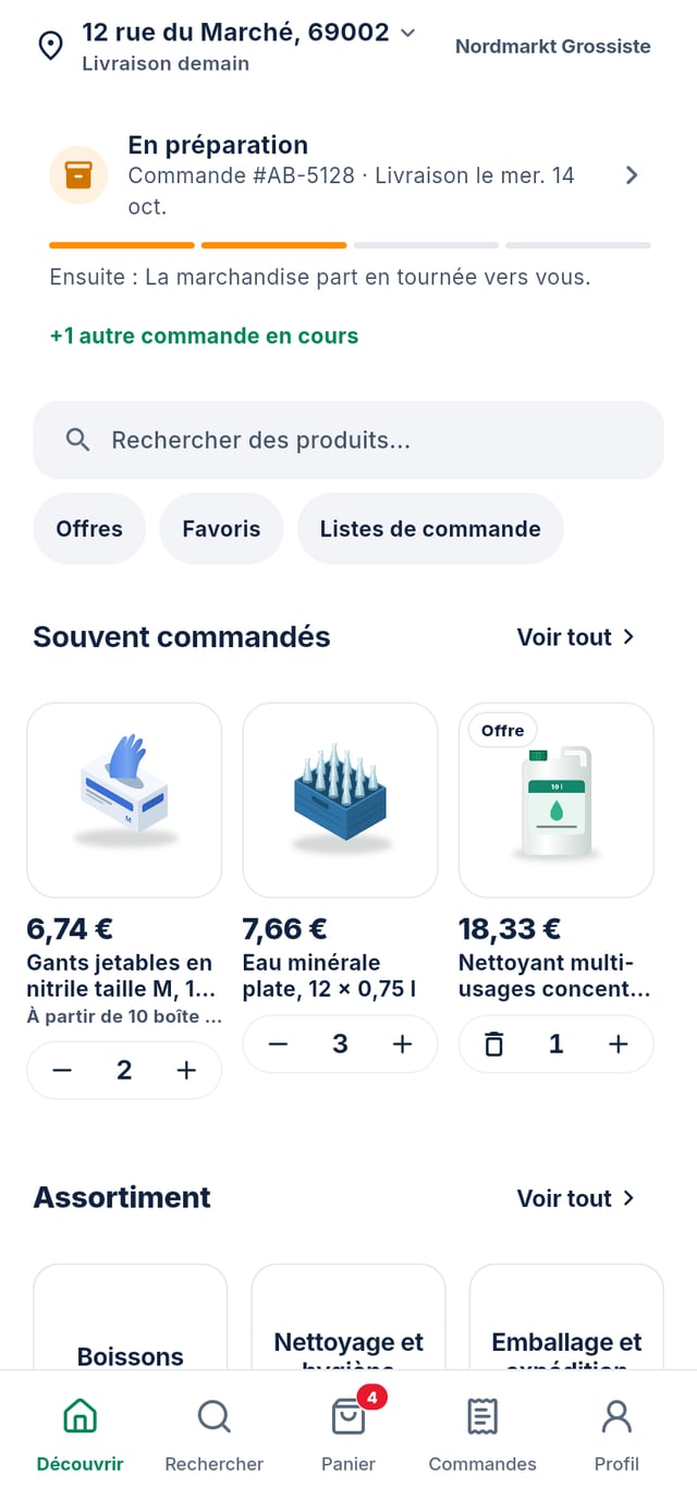 L’app de commande pour le grossiste d’exemple Nordmarkt : catalogue avec des photos de produits réalistes et des prix clients