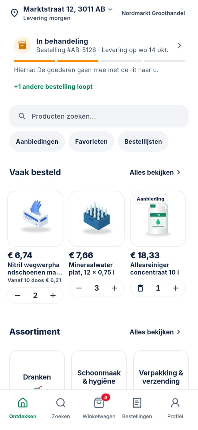 De bestel-app voor de voorbeeldgroothandel Nordmarkt: catalogus met realistische productfoto’s en klantprijzen